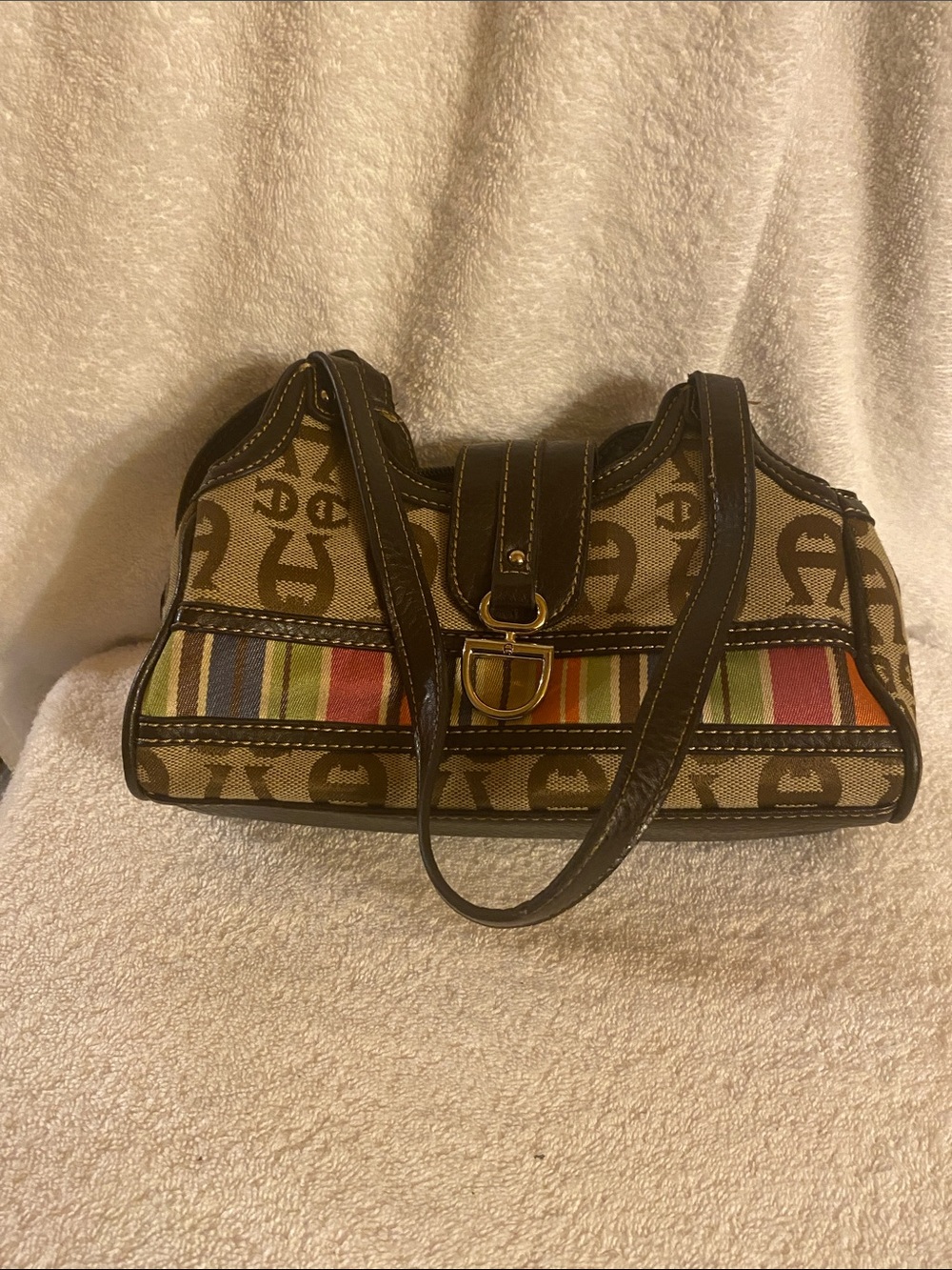 Vintage Aigner Canvas Shoulder Bag with Multicolor Stripe Accent 9” long